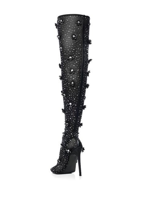 AZALEA WANG Black Embellished Flower Thigh High Boot