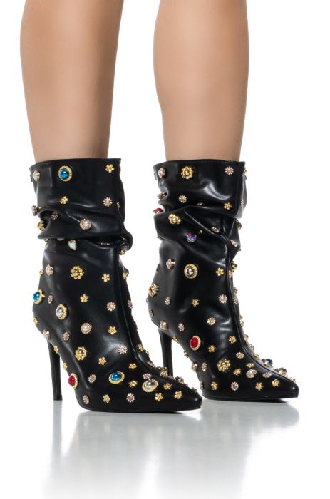 AZALEA WANG Black Leather Gemstones Embellished Slouchy Booties