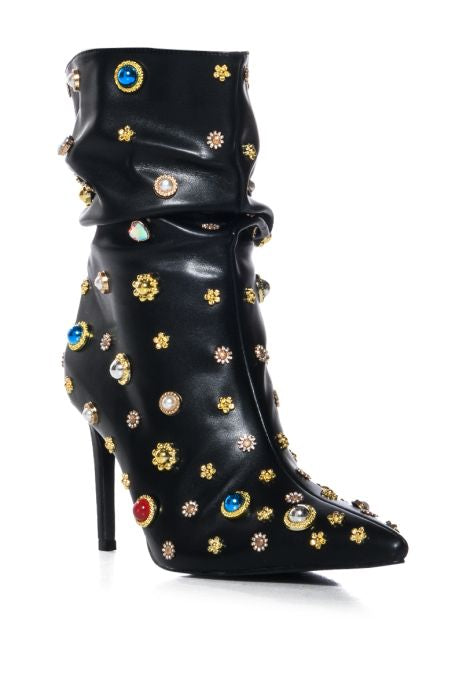 AZALEA WANG Black Leather Gemstones Embellished Slouchy Booties