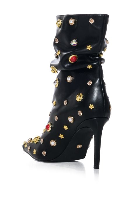 AZALEA WANG Black Leather Gemstones Embellished Slouchy Booties