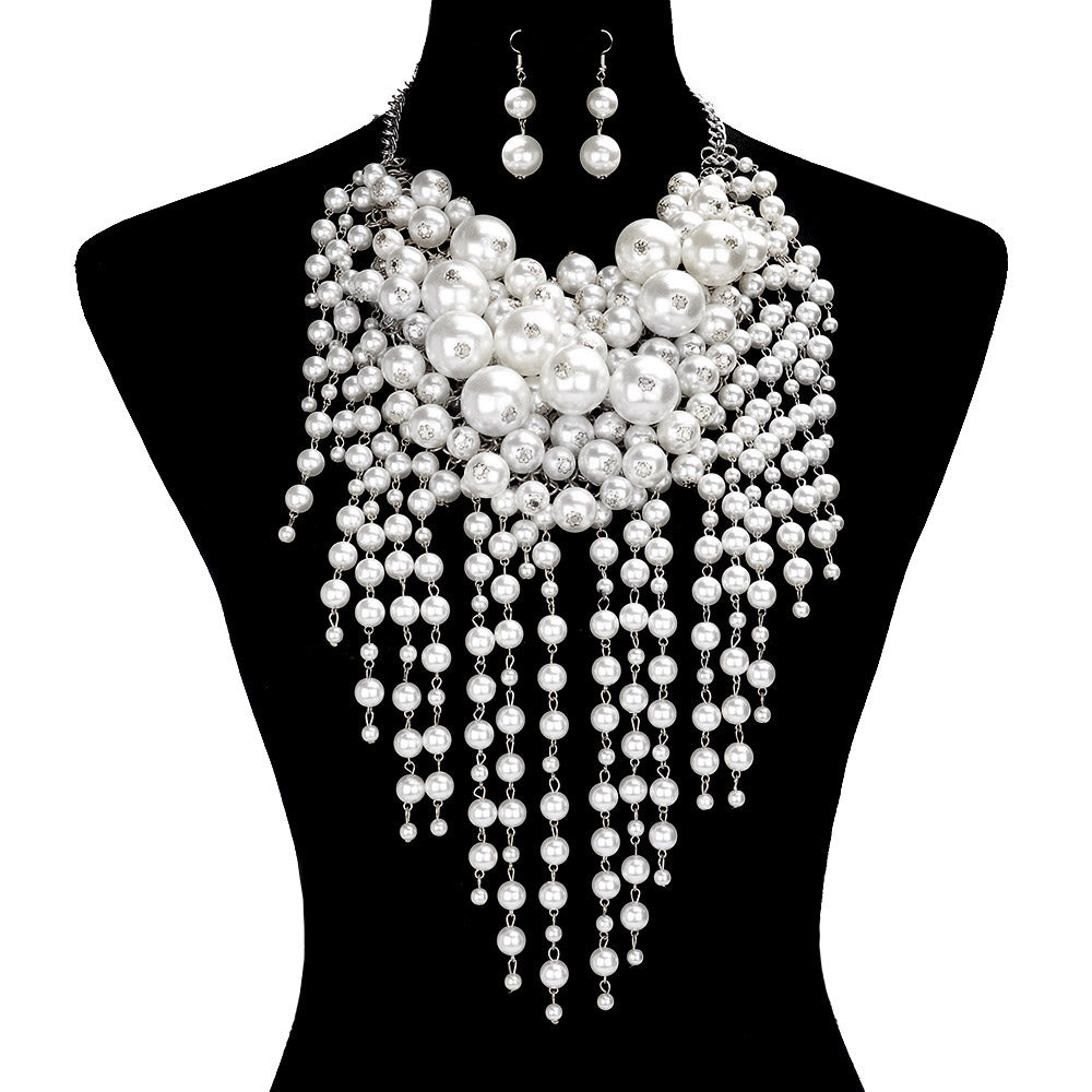5 Multi Pearl Fringe Statement Necklace