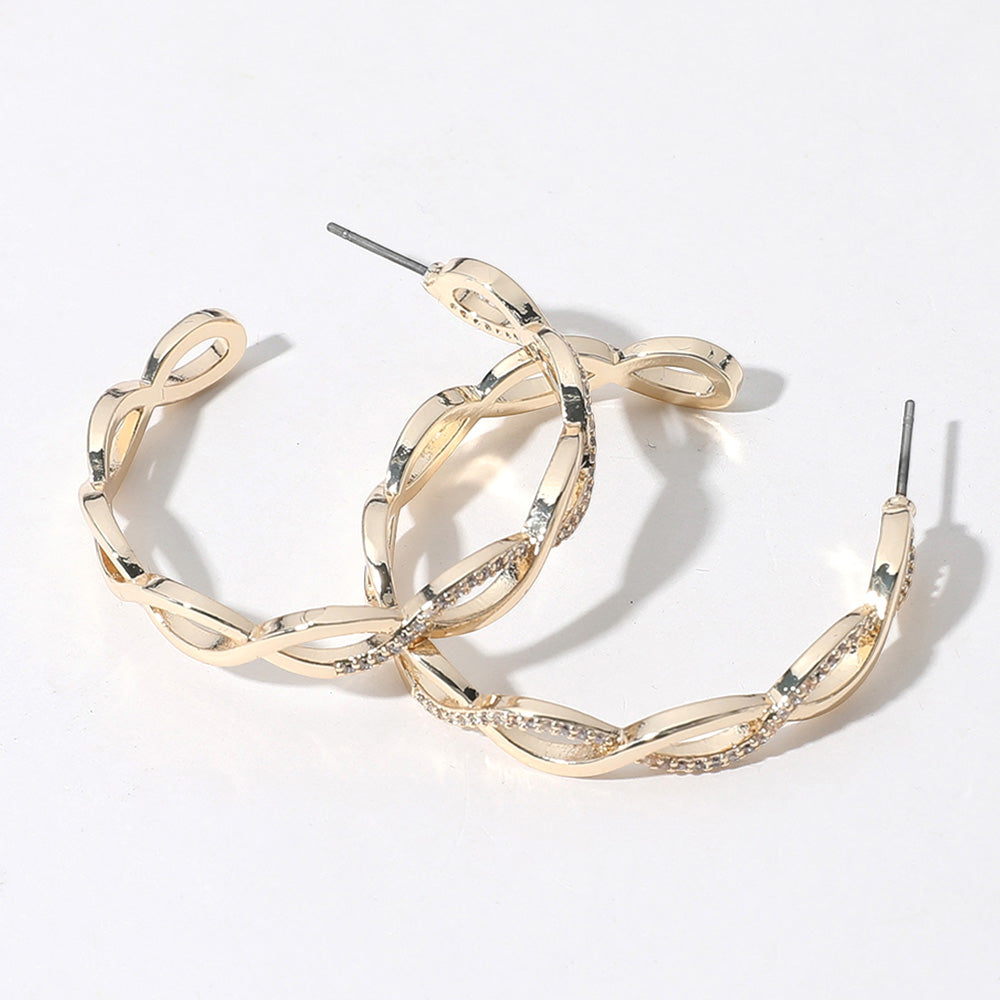 14K Gold Plated CZ Stone Paved Twisted Hoop Earrings