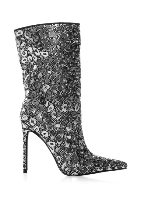 AZALEA WANG Glamorous Metallic Silver Leopard Print High Heel Boot