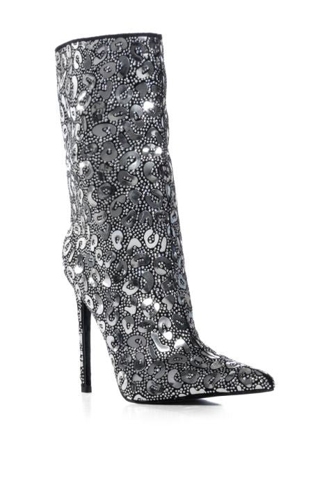 AZALEA WANG Glamorous Metallic Silver Leopard Print High Heel Boot