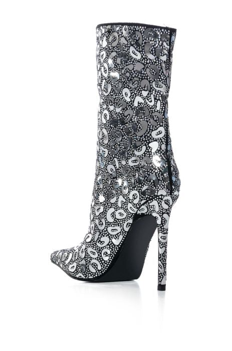 AZALEA WANG Glamorous Metallic Silver Leopard Print High Heel Boot