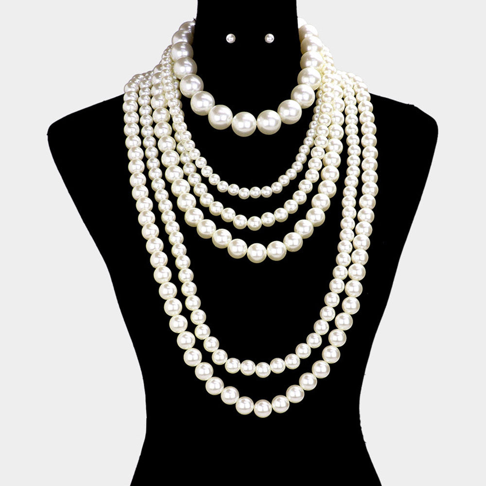 1 Cream Pearl Multi Layered Long Statement Necklace