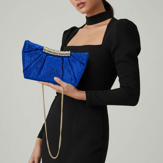 Ally Pleated Metallic Sparkle Evening Clutch Crossbody Bag