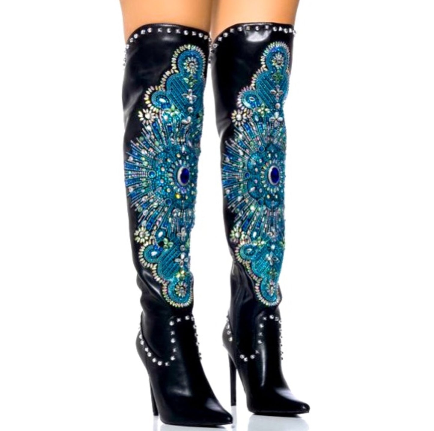 AZALEA WANG Black Leather Embellished Thigh High Cowboy Boots