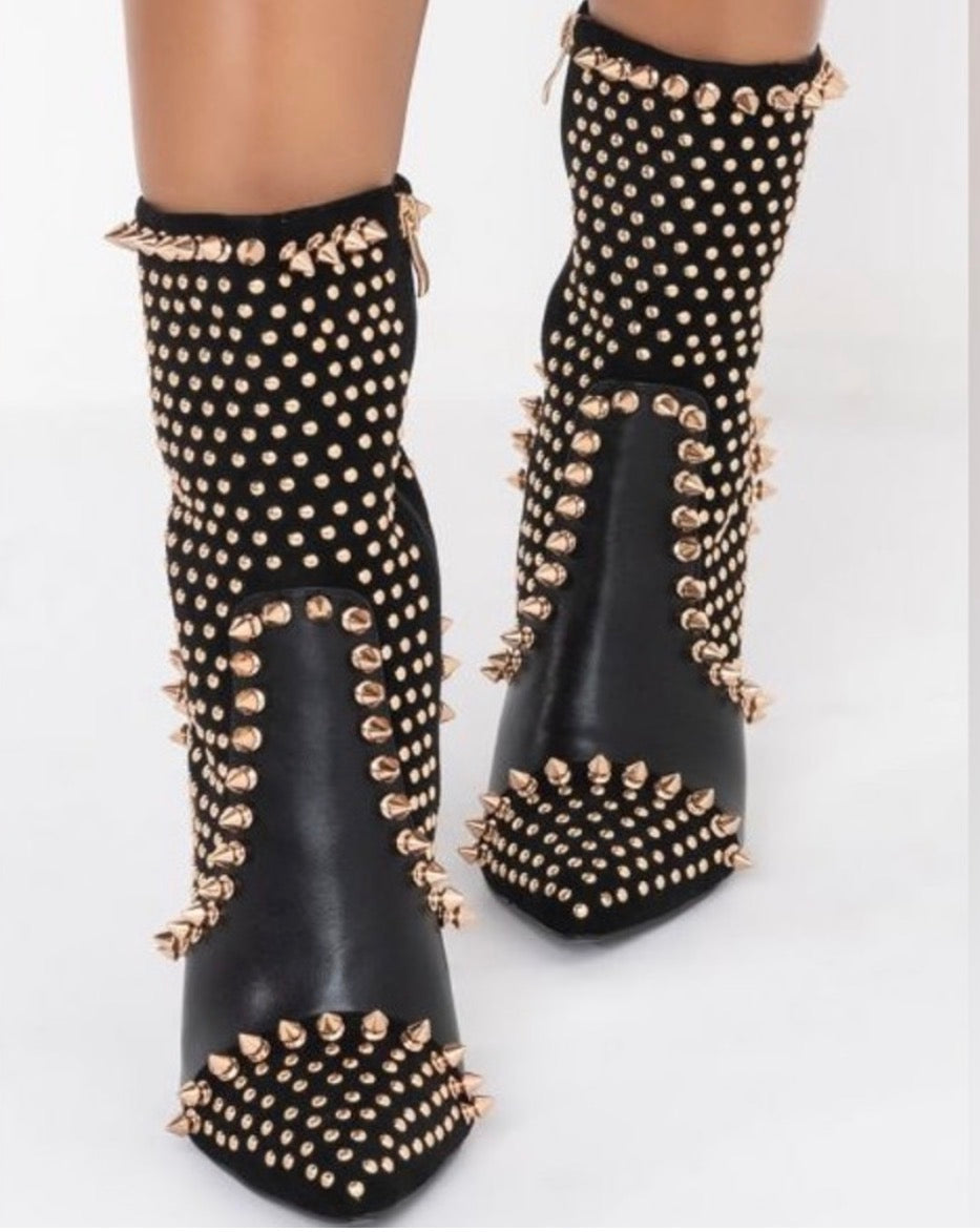 Azalea Wang Black Vegan Leather Embellished Spike Pointed Boots