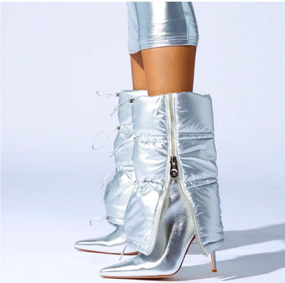 Azalea Wang Silver Vegan Leather Puffer Higini Heel Boots