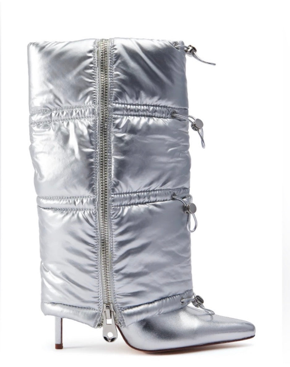 Azalea Wang Silver Vegan Leather Puffer Higini Heel Boots