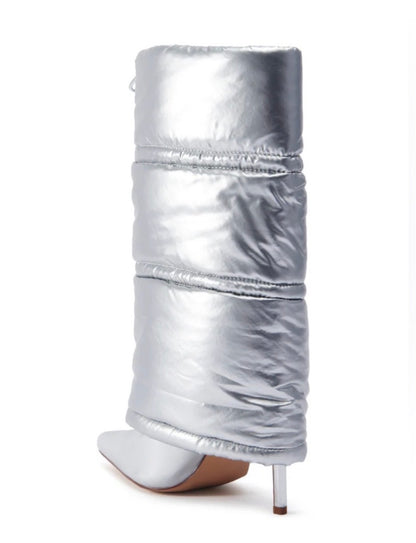 Azalea Wang Silver Vegan Leather Puffer Higini Heel Boots