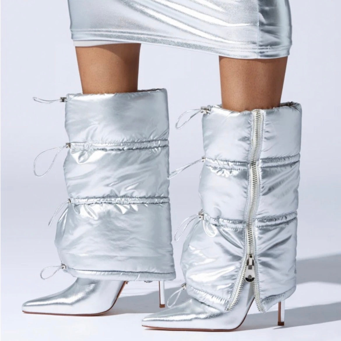 Azalea Wang Silver Vegan Leather Puffer Higini Heel Boots