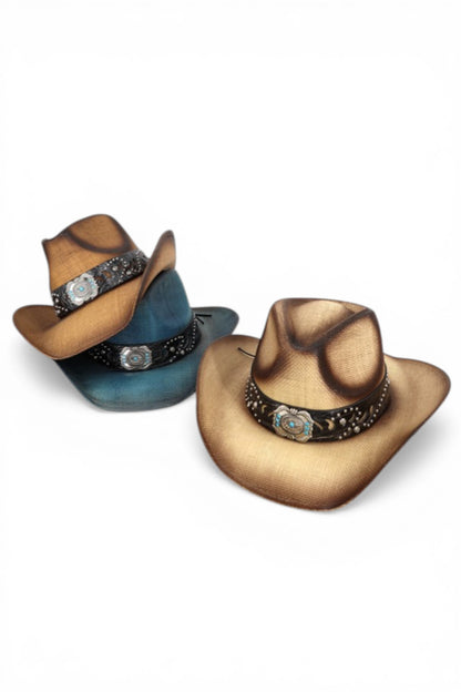 Anna Vintage Straw Cowboy Hat With Rustic Pattern Band