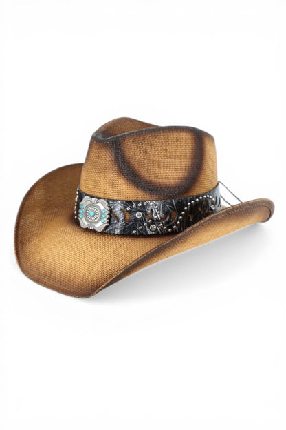 Anna Vintage Straw Cowboy Hat With Rustic Pattern Band