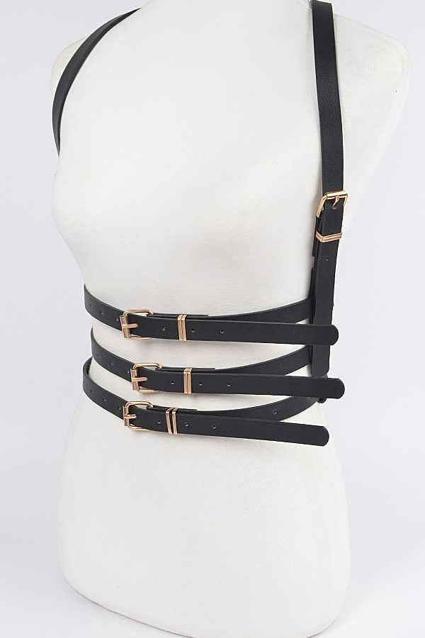 Black Vegan Leather Corset Harness Belt