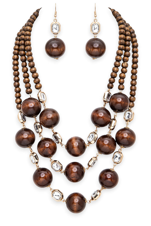 Aakilah Dark Brown Wooden Beads Statement Necklace Set