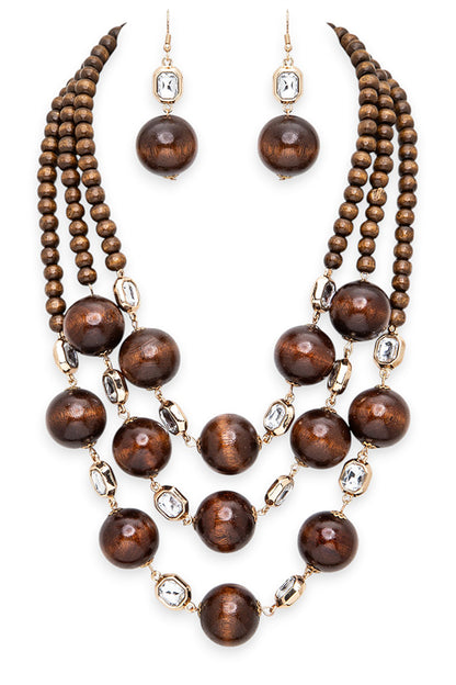 Aakilah Dark Brown Wooden Beads Statement Necklace Set