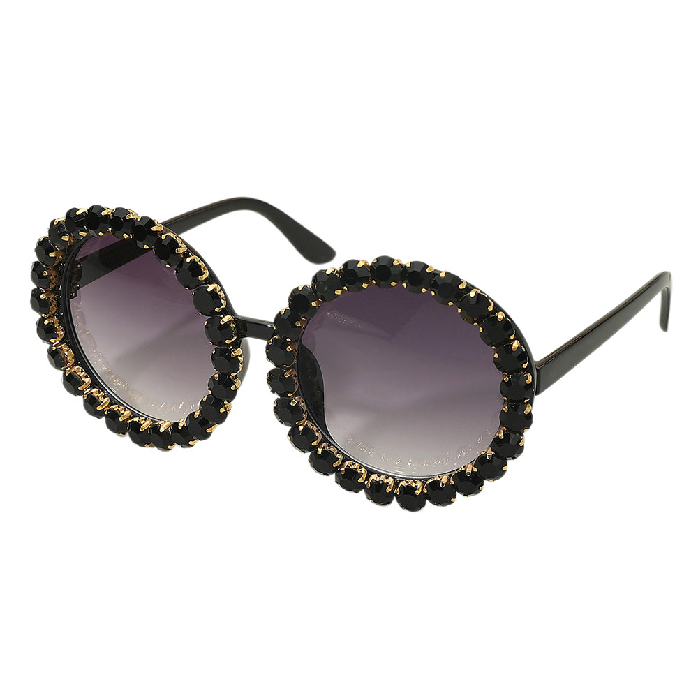 1 Black Oversized Crystal Embellished Round Frame Fashion Sunglasses