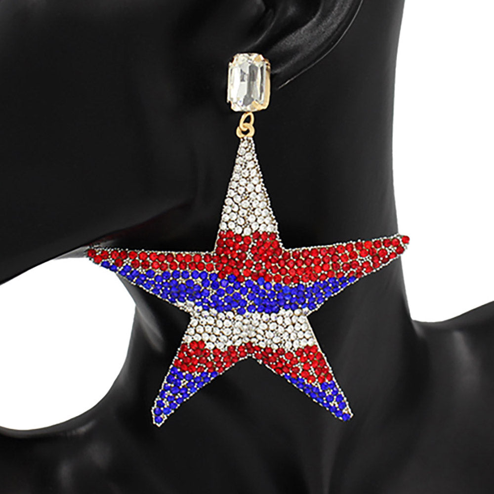 American Flag Oversized Rhinestone Embellished Metal Star Dangle Earrings