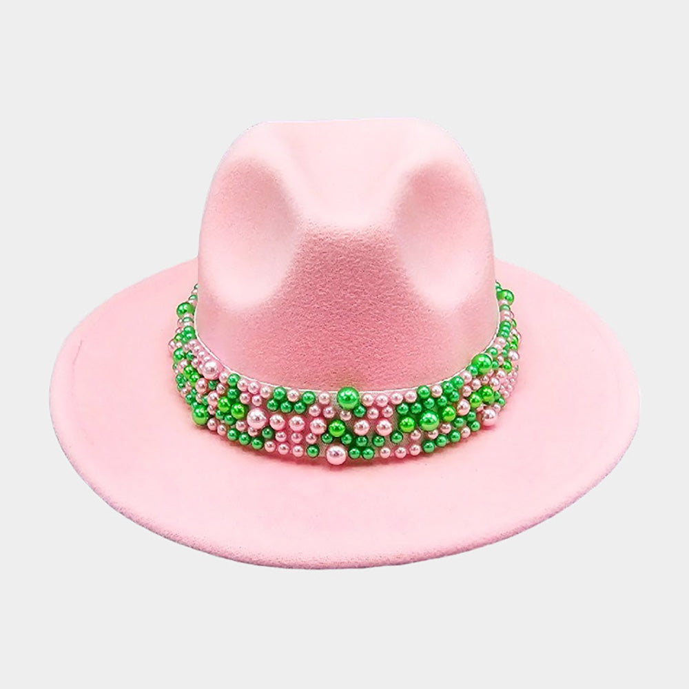 AKA Sorority Pink & Green Pearl Wide Brim Fedora Hat