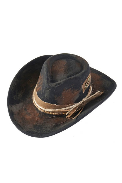 Black & Brown Vintage Inspired Distressed Fabric Band Rustic Western Fedora Hat