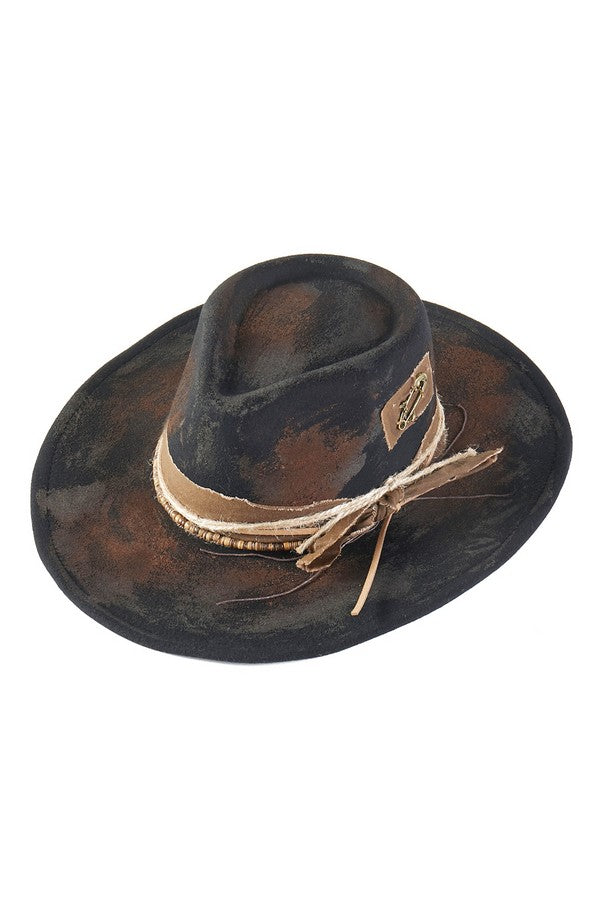 Black & Brown Vintage Inspired Distressed Fabric Band Rustic Western Fedora Hat