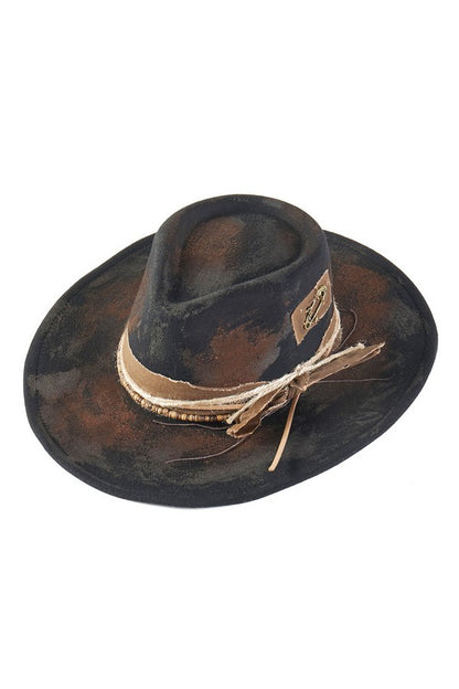 Black & Brown Vintage Inspired Distressed Fabric Band Rustic Western Fedora Hat