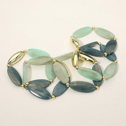 5PCS - Marquise Flat Resin Puffy Metal Beaded Stretch Multi Layered Bracelets