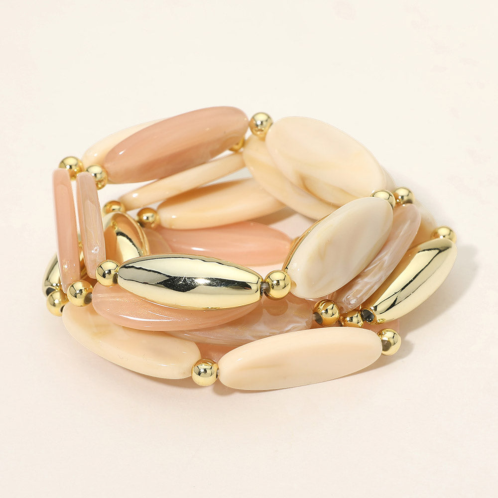 5PCS - Marquise Flat Resin Puffy Metal Beaded Stretch Multi Layered Bracelets