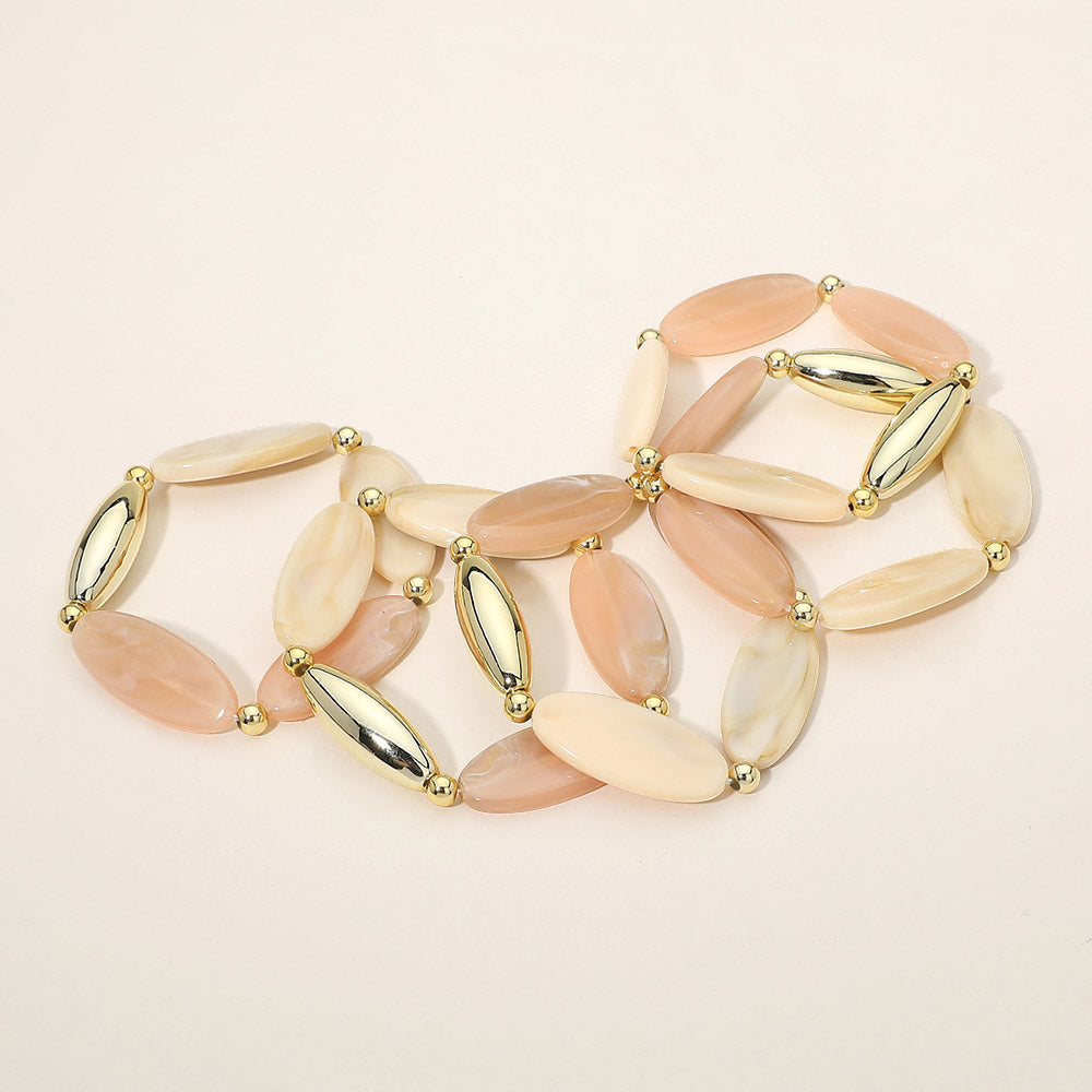 5PCS - Marquise Flat Resin Puffy Metal Beaded Stretch Multi Layered Bracelets