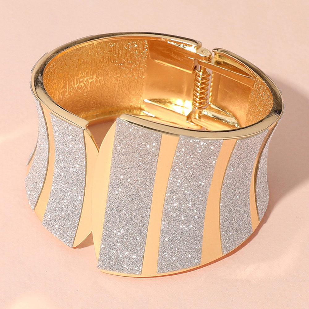 10K Gold Plated Sparkle Abstract Wide Hinged Bangle Bracelet