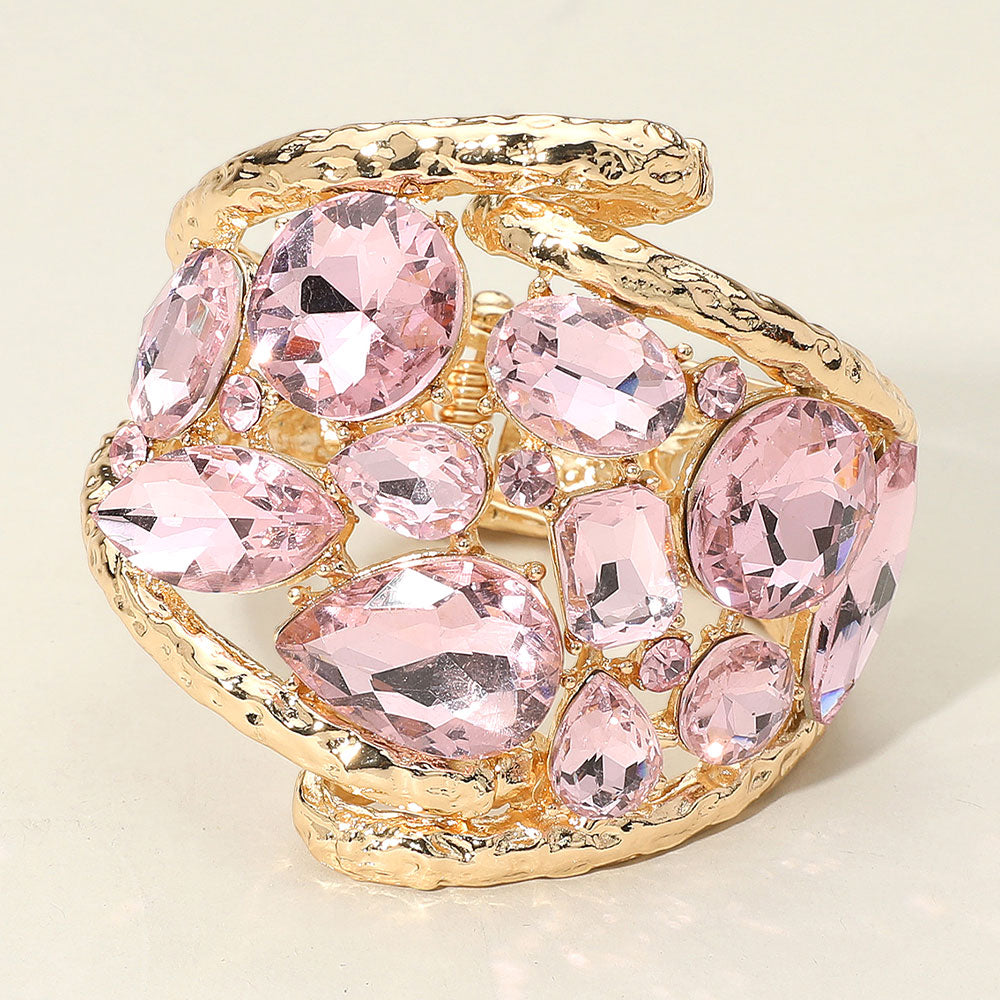 Accra Pink & Gold Round Teardrop Oval Stone Embellished Wide Hinged Bangle Bracelet