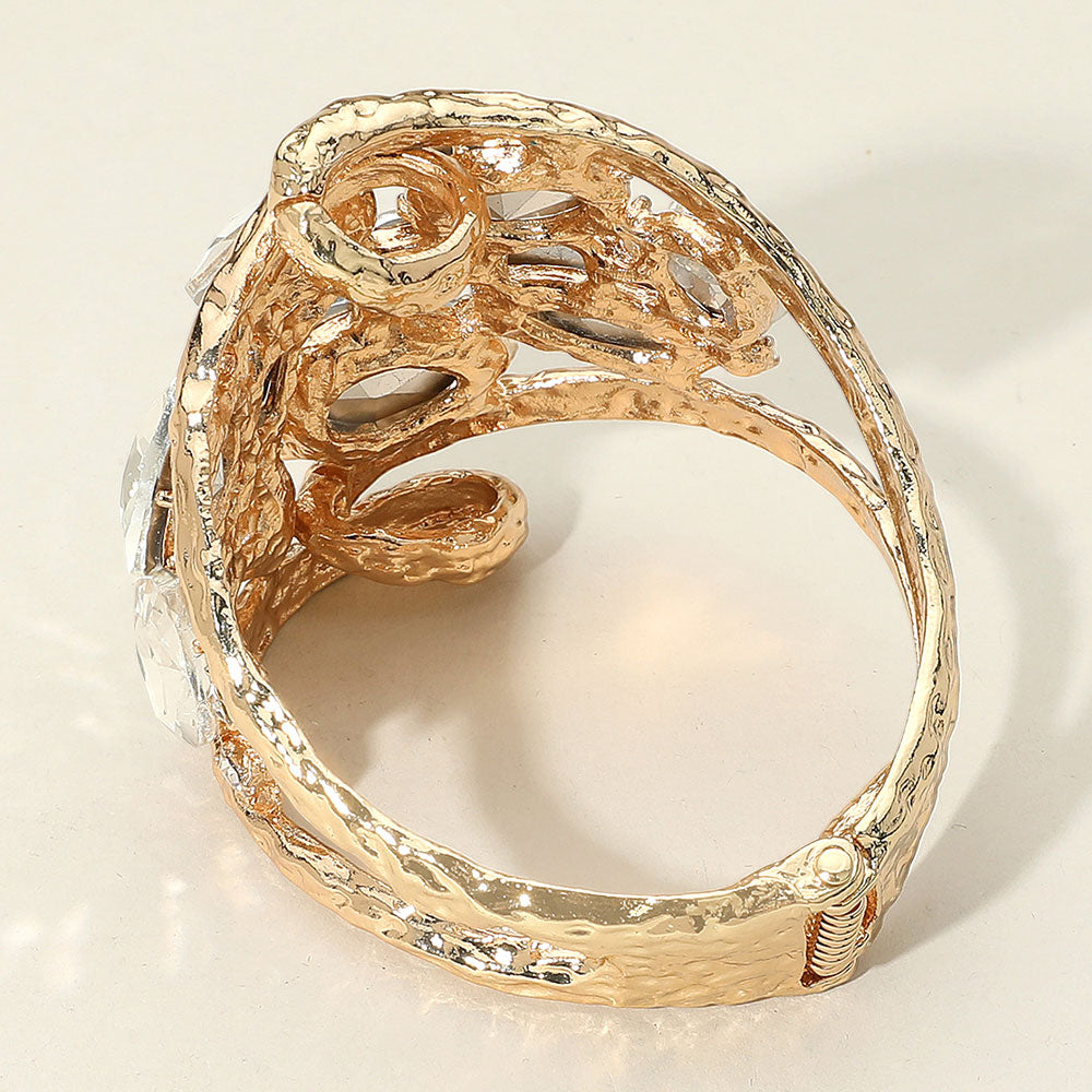 Accra Pink & Gold Round Teardrop Oval Stone Embellished Wide Hinged Bangle Bracelet