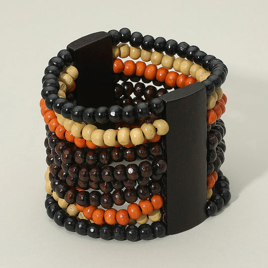 Black Multi Color Wood Beaded Wide Stretch Statement Bracelet