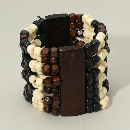Black Multi Color Wood Beaded Wide Stretch Statement Bracelet