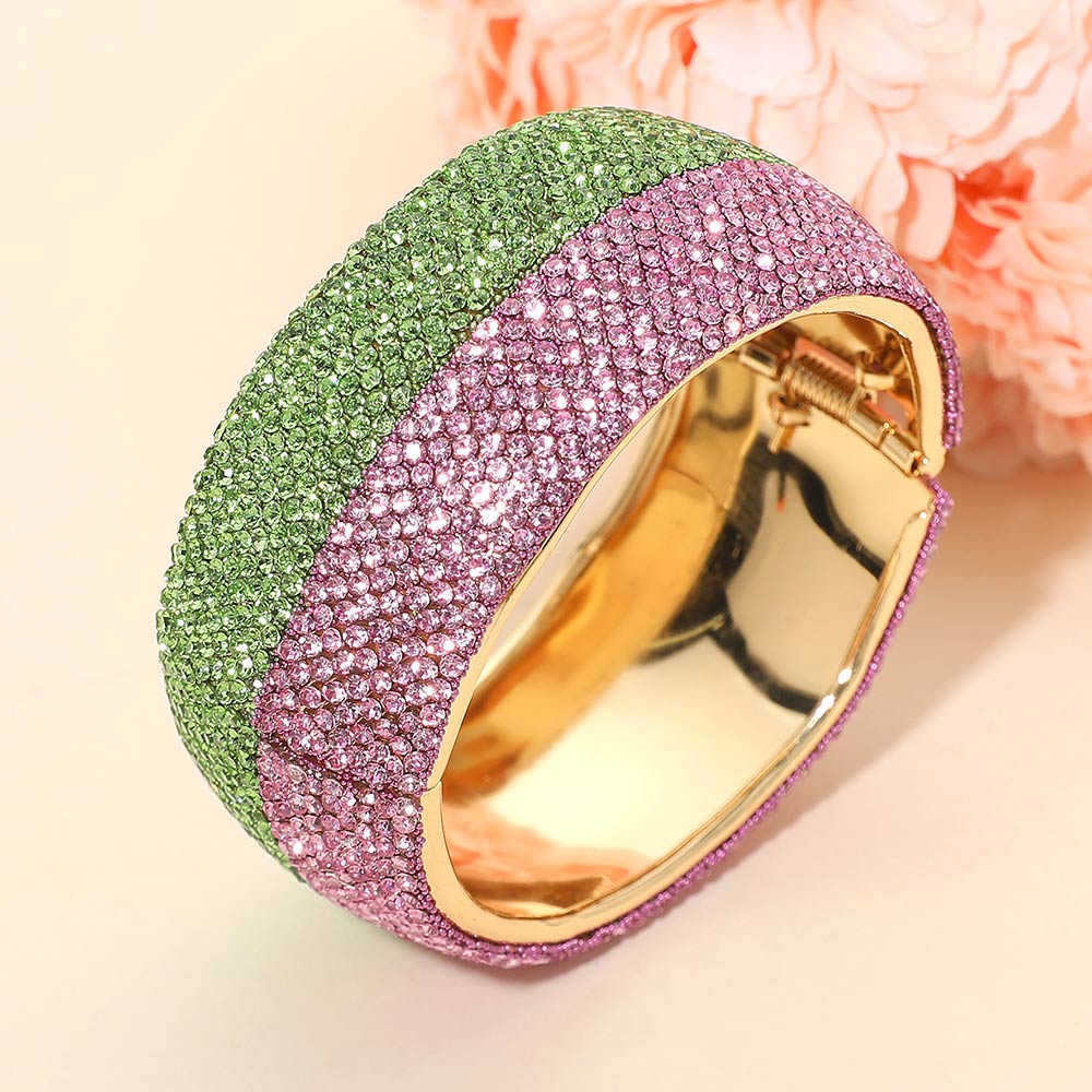 AKA Pink & Green Wide Rhinestone Paved Hinged Evening Bangle Bracelet
