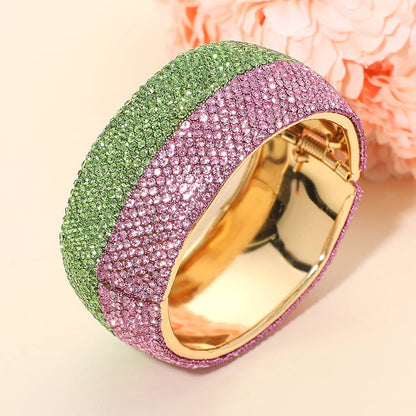 AKA Pink & Green Wide Rhinestone Paved Hinged Evening Bangle Bracelet