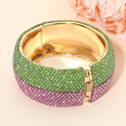 AKA Pink & Green Wide Rhinestone Paved Hinged Evening Bangle Bracelet