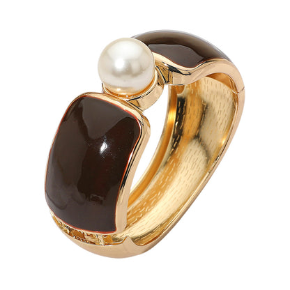 Brown & Gold Bold Pearl Accent Wide Enamel Hinged Bangle Bracelet
