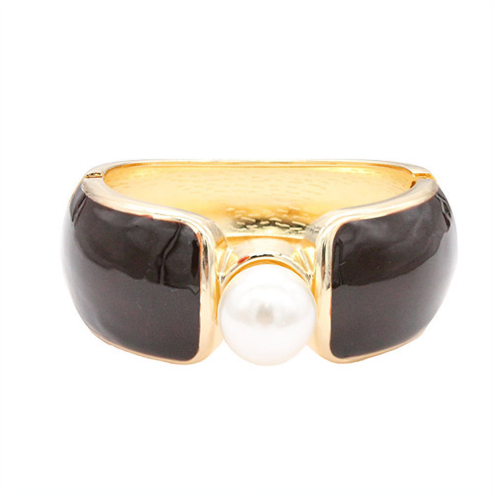 Brown & Gold Bold Pearl Accent Wide Enamel Hinged Bangle Bracelet