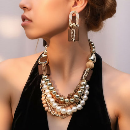 Awa Gold Bold Mixed Chain Wooden Pearl Beaded Layered Statement Necklace