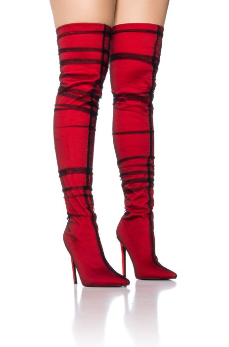 Azalea Wang Red Tulle Covered Thigh High Boots