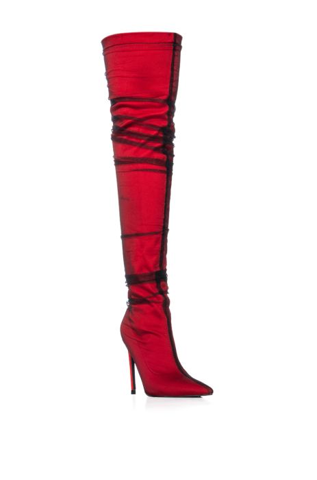 Azalea Wang Red Tulle Covered Thigh High Boots