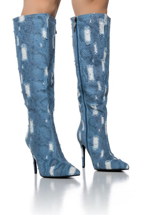 AZALEA WANG Blue Denim Snakeskin Knee High Boots