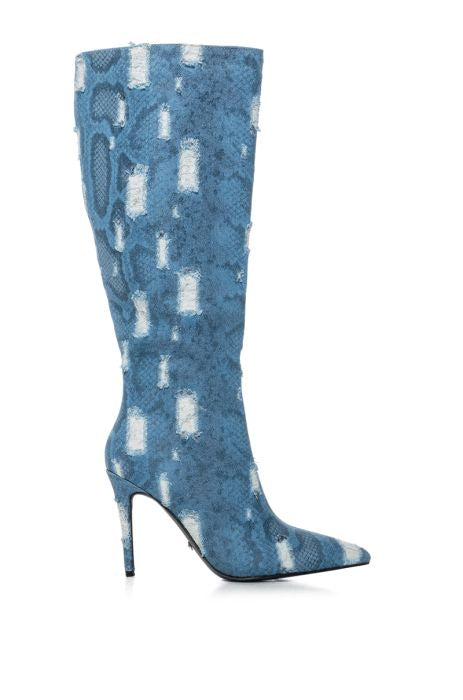 AZALEA WANG Blue Denim Snakeskin Knee High Boots