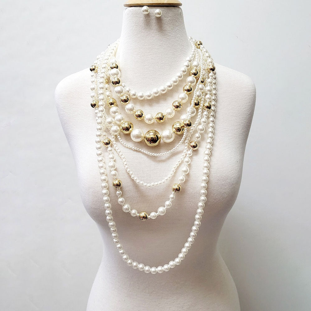 Chunky Pearl Beaded Multi Layered Statement Necklace