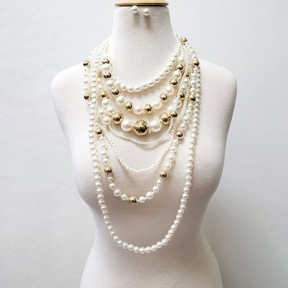 Chunky Pearl Beaded Multi Layered Statement Necklace