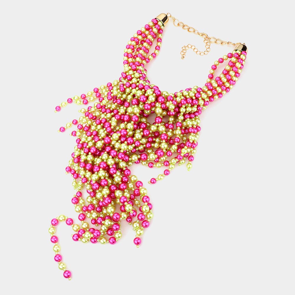 2 Multi Pearl Fringe Statement Necklace