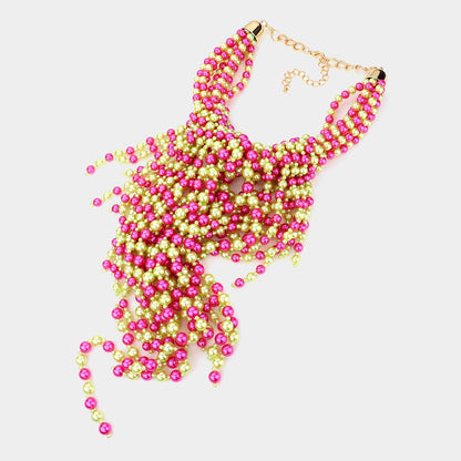2 Multi Pearl Fringe Statement Necklace